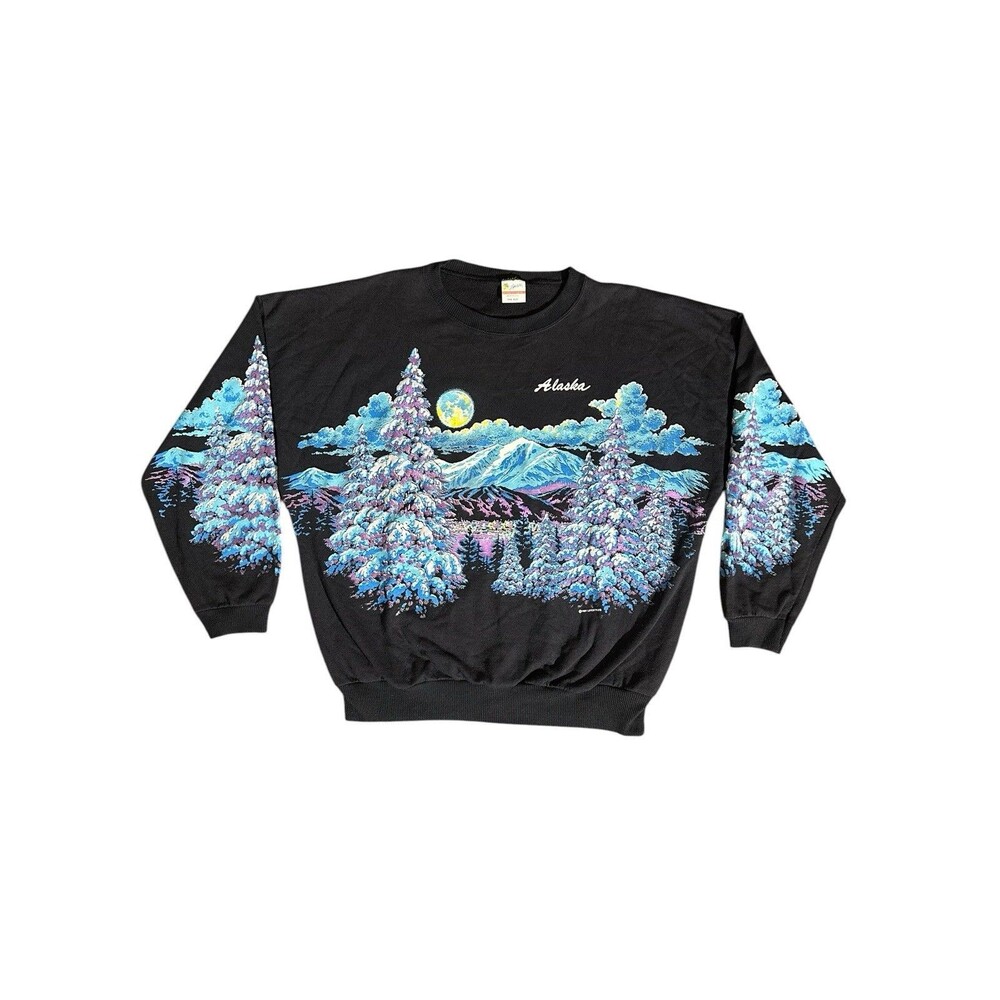 Vtg 90s Alaska Winter Wonderland Snow Graphic Crewneck Sweatshirt USA Nature OS